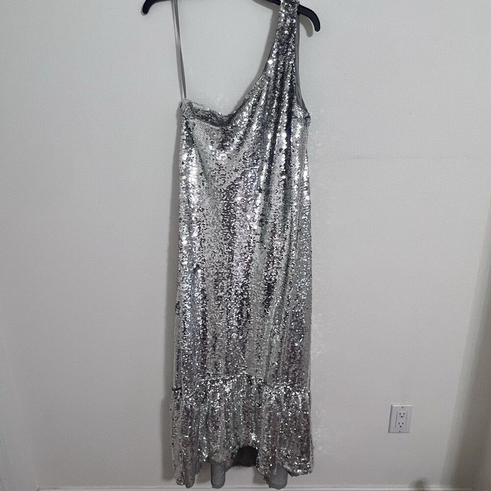 Anthropologie Maeve S NWT Silver One-Shoulder Sequin Dress Disco Party Cocktail